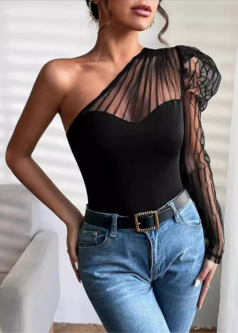 Sexy T-Shirt Summer Patchwork Top Long Tulle Shoulder One Sleeved