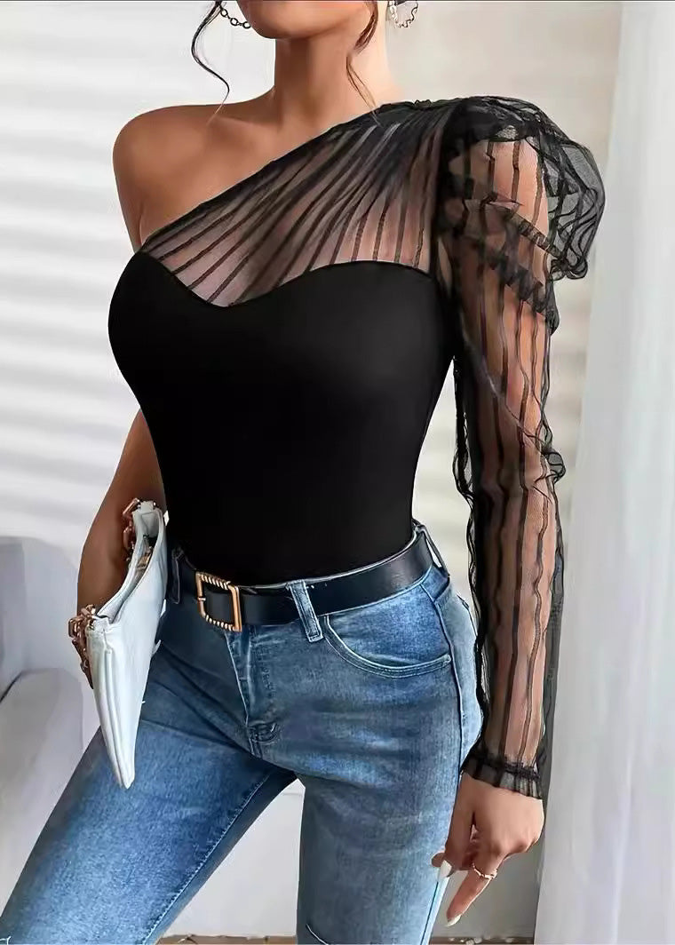 Sexy T-Shirt Summer Patchwork Top Long Tulle Shoulder One Sleeved