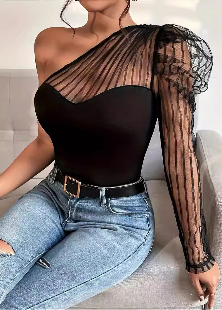Sexy T-Shirt Summer Patchwork Top Long Tulle Shoulder One Sleeved