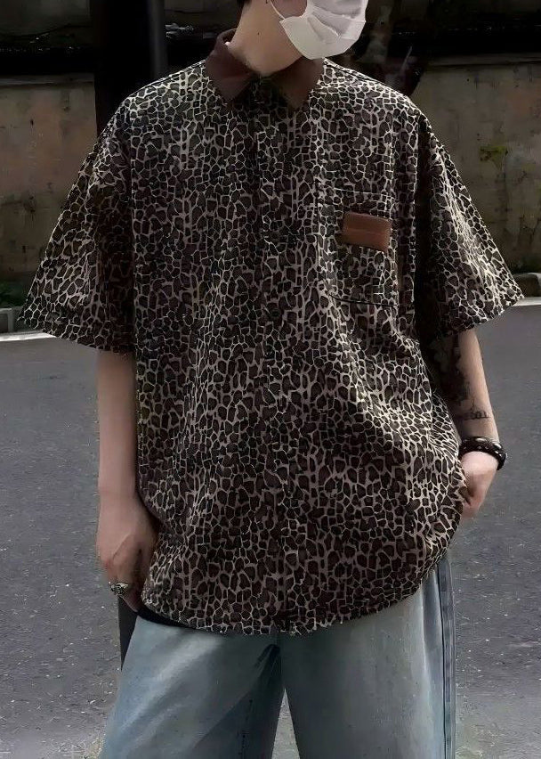 Unique Half Patchwork Sleeve Leopard Men Shirts Pockets Corduroy