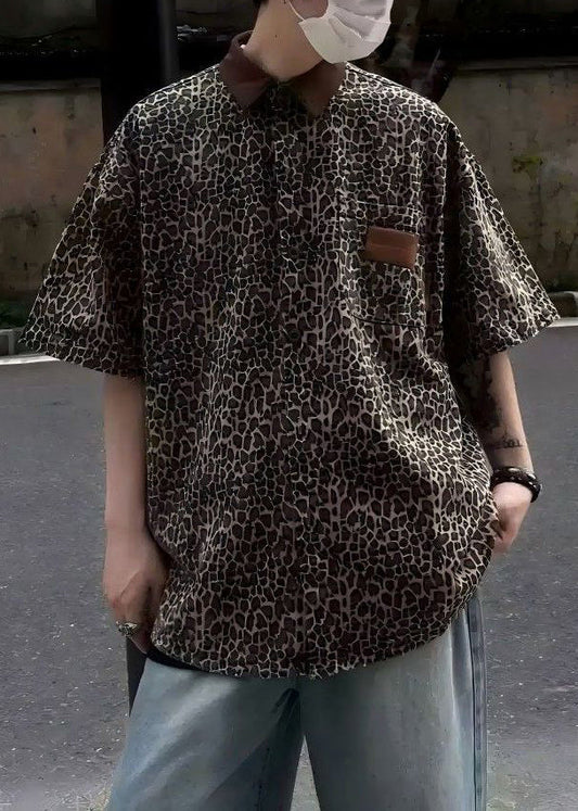Unique Half Patchwork Sleeve Leopard Men Shirts Pockets Corduroy