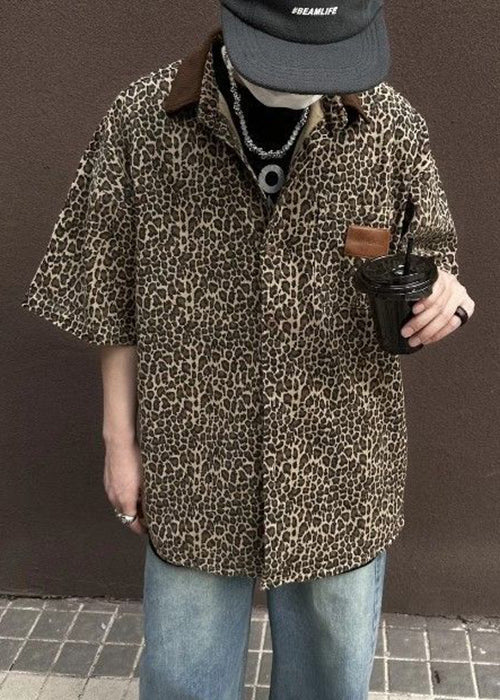 Unique Half Patchwork Sleeve Leopard Men Shirts Pockets Corduroy