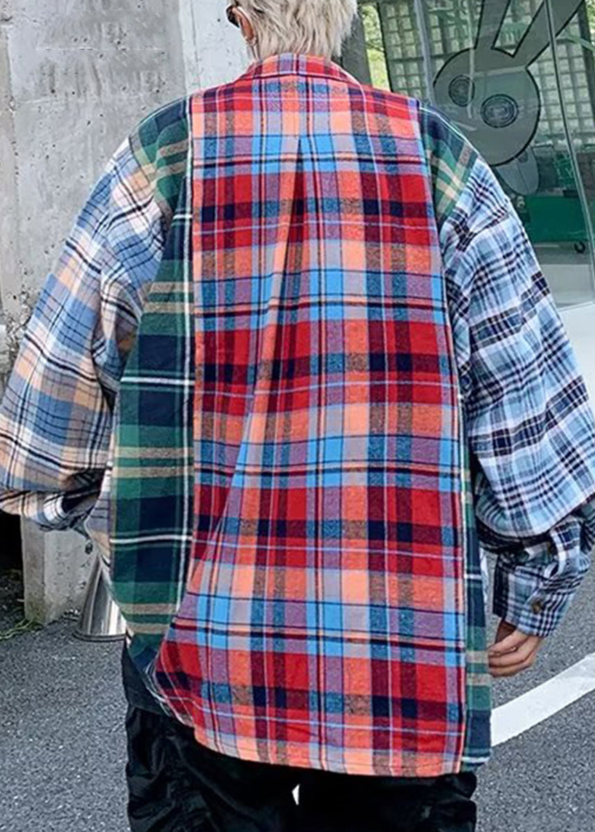 Pan Plaid Men Peter Cotton Shirts Spring Patchwork Unique Collar