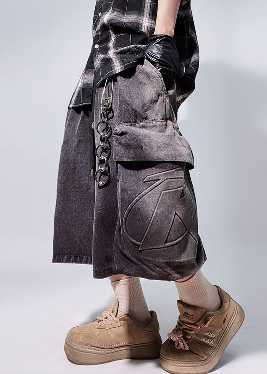 Men Vintage Summer Black Waist Shorts Oversized Denim Pockets Elastic