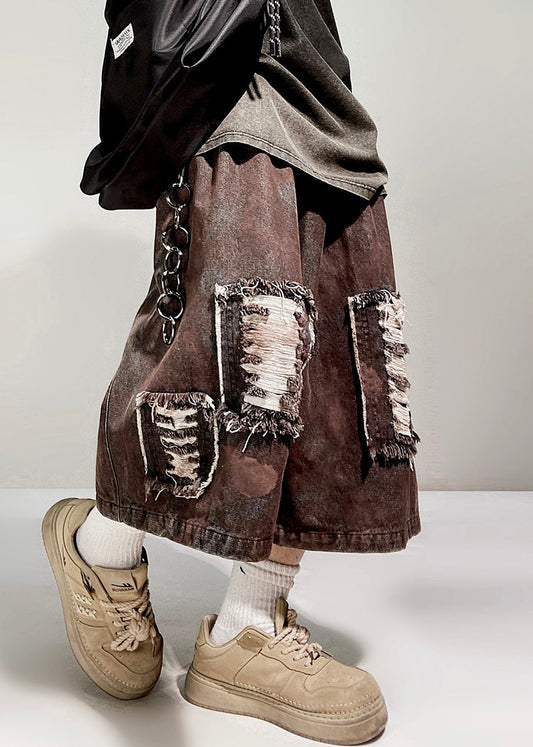 Waist Denim Summer Shorts Vintage Elastic Men Oversized Hole