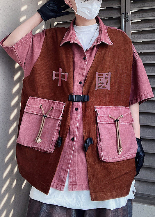Half Shirts Men Oversized Patchwork Pieces Sleeve False Two Pink Vintage