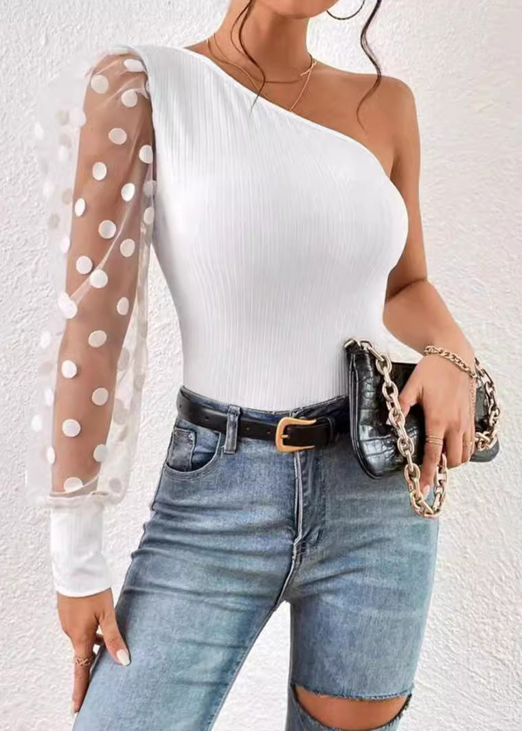 Patchwork Sleeved Shoulder Top Black 2025 Women Single