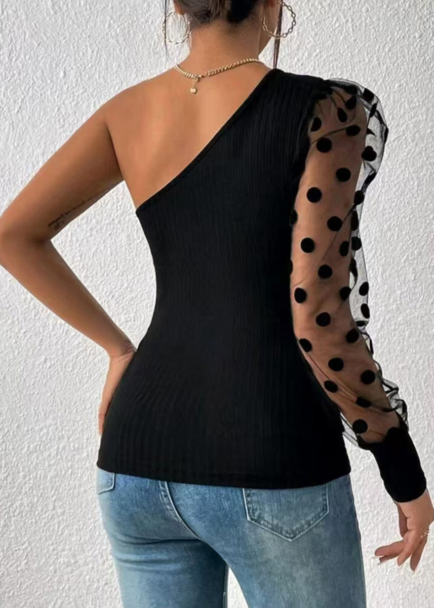 Patchwork Sleeved Shoulder Top Black 2025 Women Single