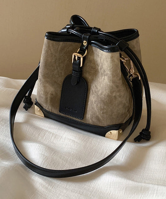 Bag Drawstring Faux Black Leather Women Bucket
