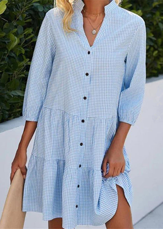 Shirts Plaid Collar Blue Women Dress Fall Mid Stand Button