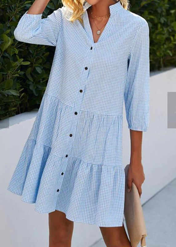Shirts Plaid Collar Blue Women Dress Fall Mid Stand Button