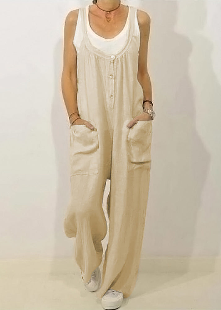 Button Solid O-Neck Sleeveless Jumpsuits Khaki Women