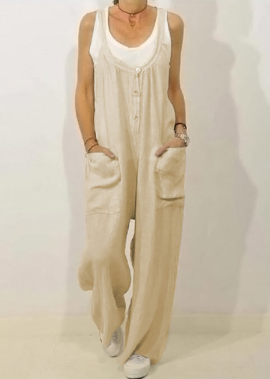 Button Solid O-Neck Sleeveless Jumpsuits Khaki Women