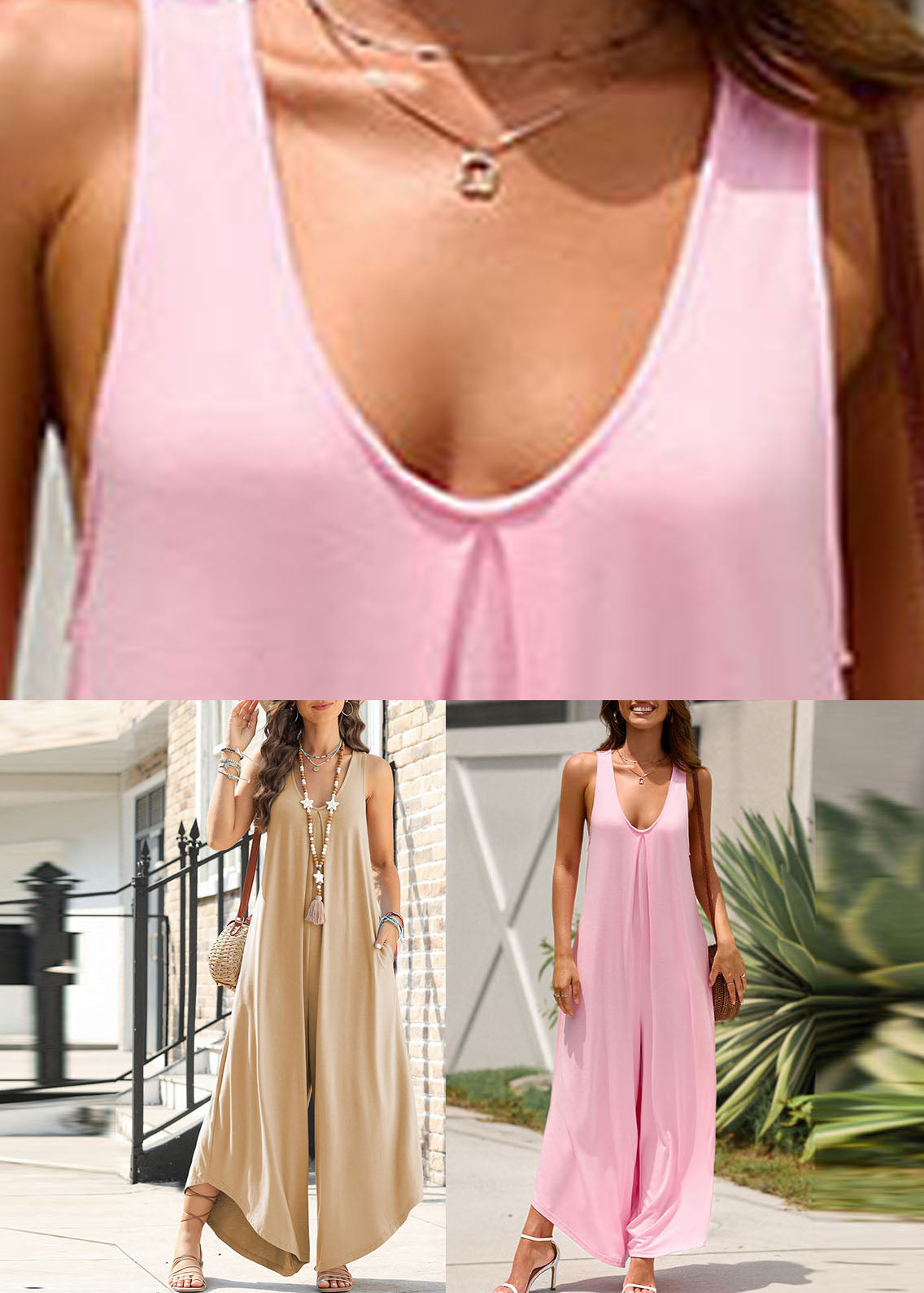 Summer Jumpsuit Women Pink U Solid Neck