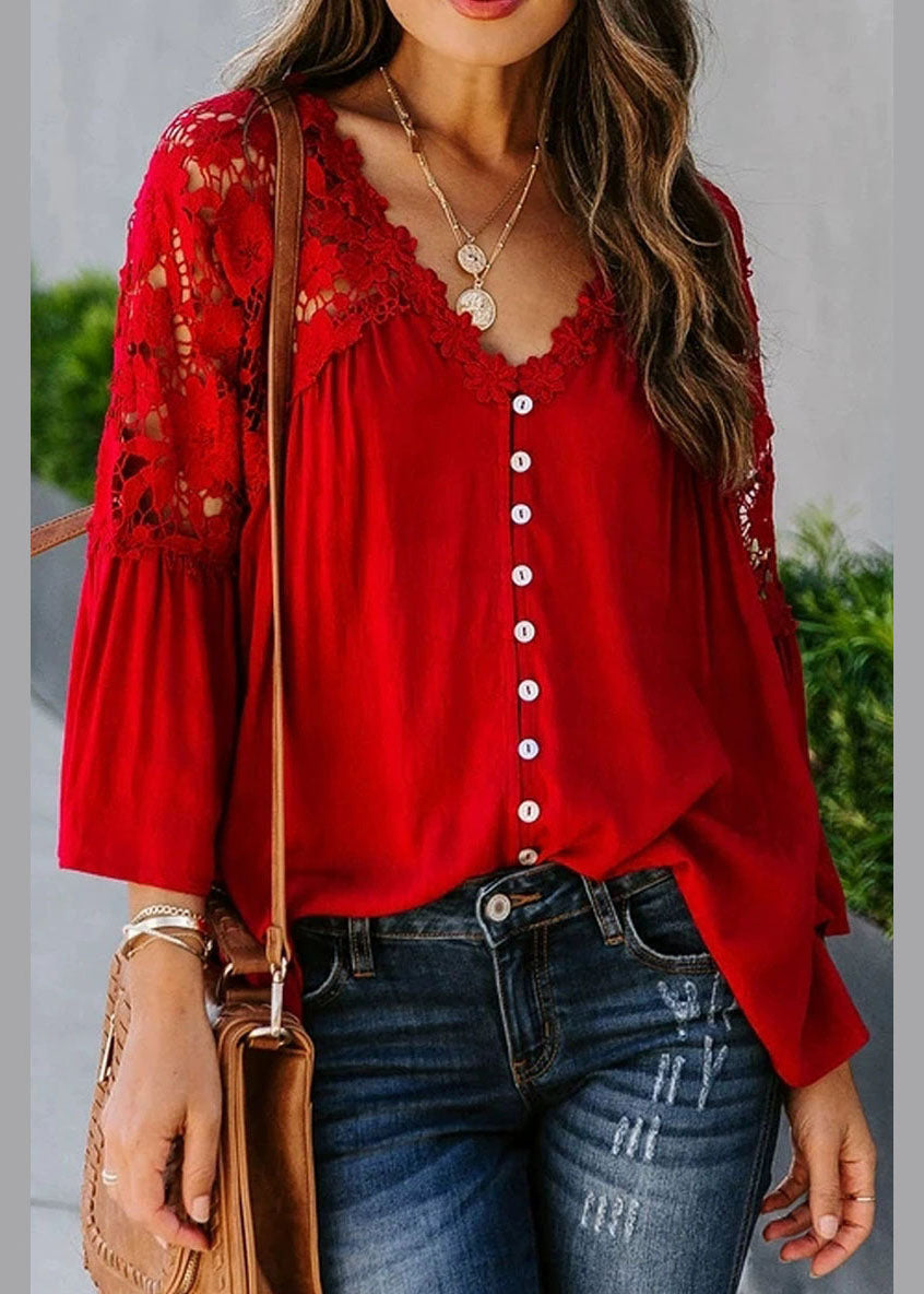 Fall Patchwork Solid Top Women Lace Red