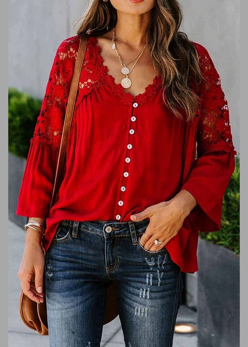Fall Patchwork Solid Top Women Lace Red