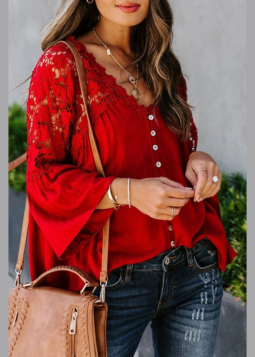 Fall Patchwork Solid Top Women Lace Red