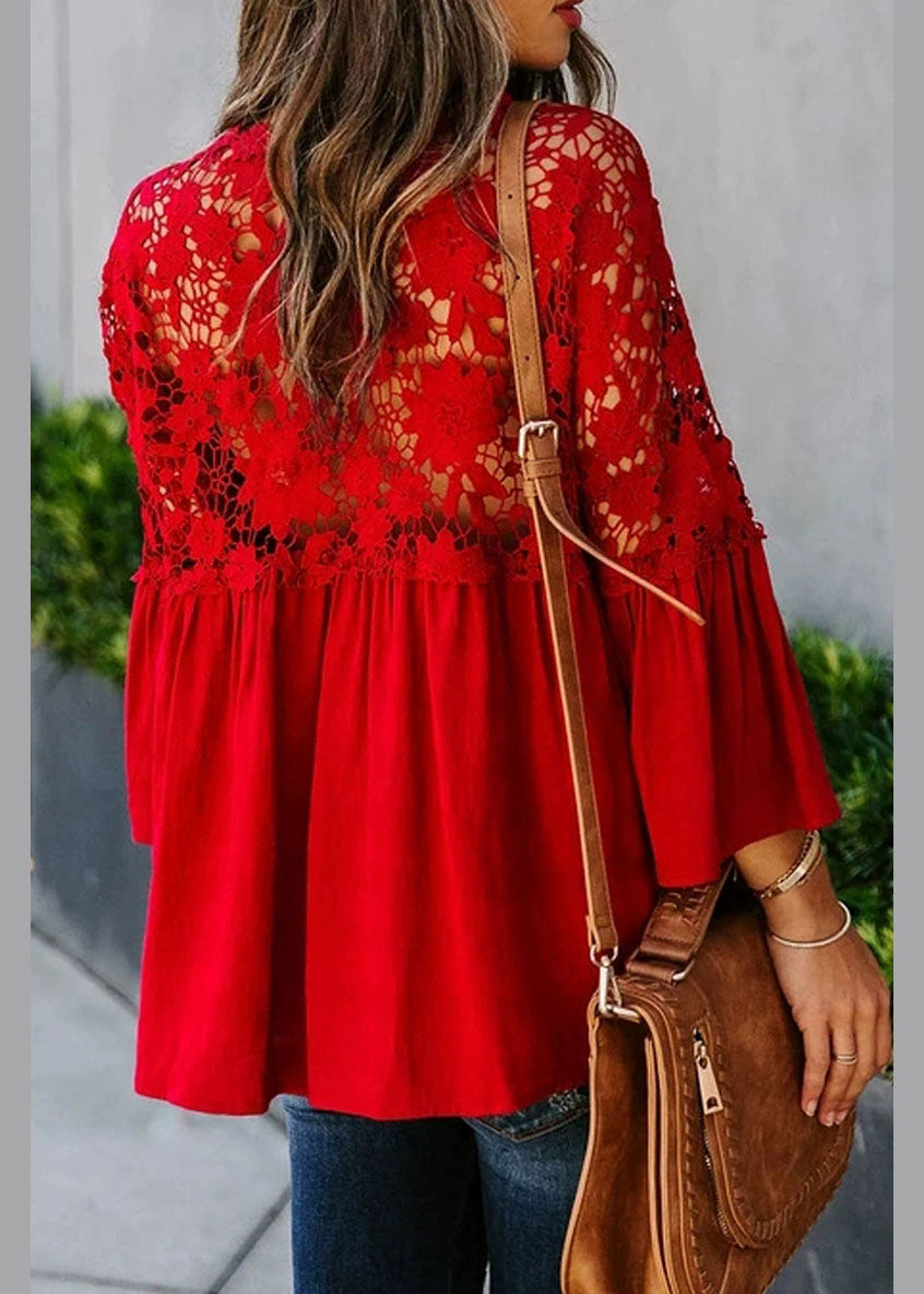 Fall Patchwork Solid Top Women Lace Red