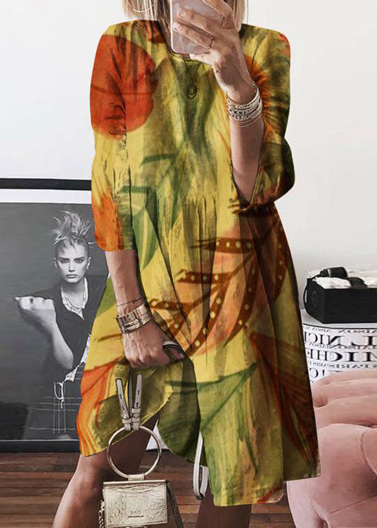 Women Print O Dress Yellow Cotton Summer Mid Neck