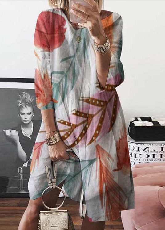 Women Print O Dress Yellow Cotton Summer Mid Neck