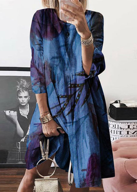 Women Print O Dress Yellow Cotton Summer Mid Neck