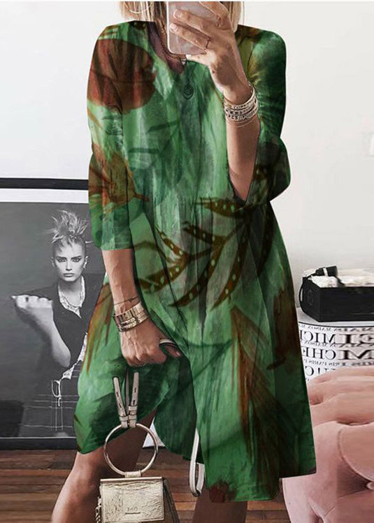 Women Print O Dress Yellow Cotton Summer Mid Neck