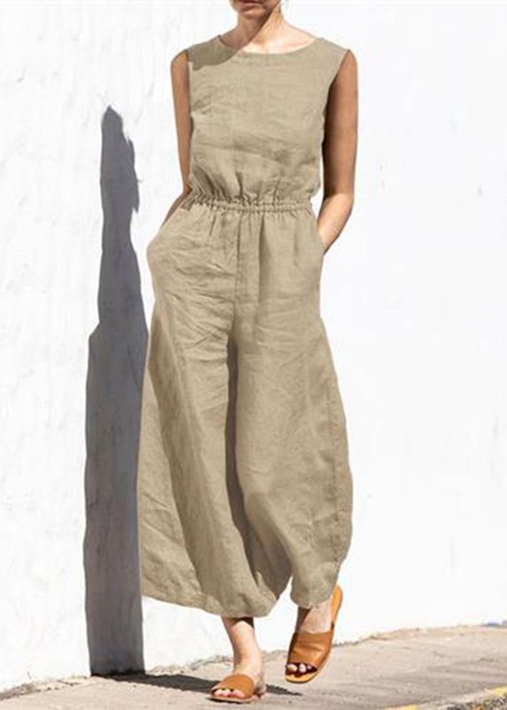 Khaki Slim Color Fashion Sleeveless Womens Jumpsuit Casual High