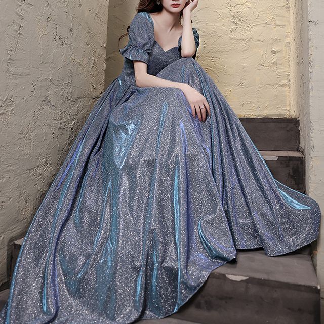 Glitter A-Line Short-Sleeve Gown Evening