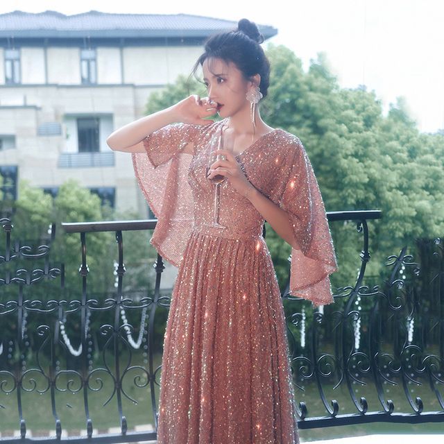 Elbow-Sleeve Evening A-Line Gown Sequined