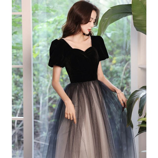 Puff-Sleeve Mesh A-Line Ombre Evening Gown