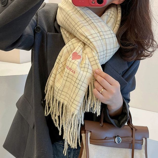 Heart Embroidered Plaid Scarf