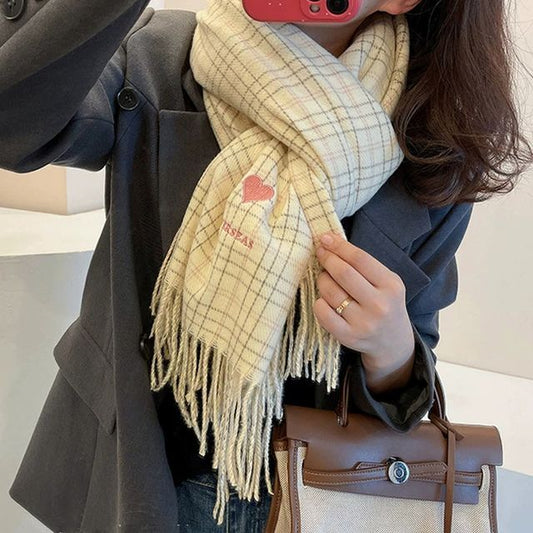 Heart Embroidered Plaid Scarf