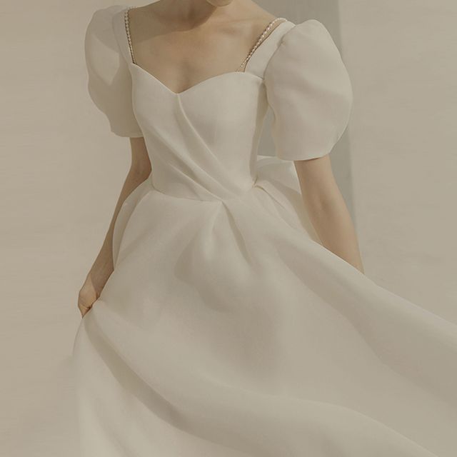 A-Line Puff-Sleeve Wedding Gown Beaded