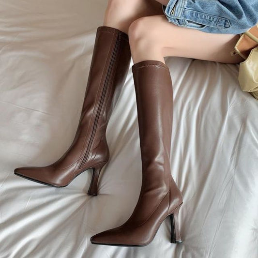 Chunky Boots Heel Tall Pointy-Toe