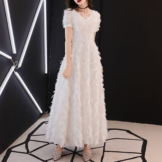 A-Line Gown Trim Fringed Evening Short-Sleeve