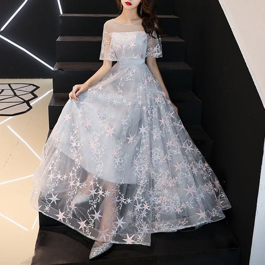/ Gown Embroidered Mesh Dress Evening A-Line Star Cocktail