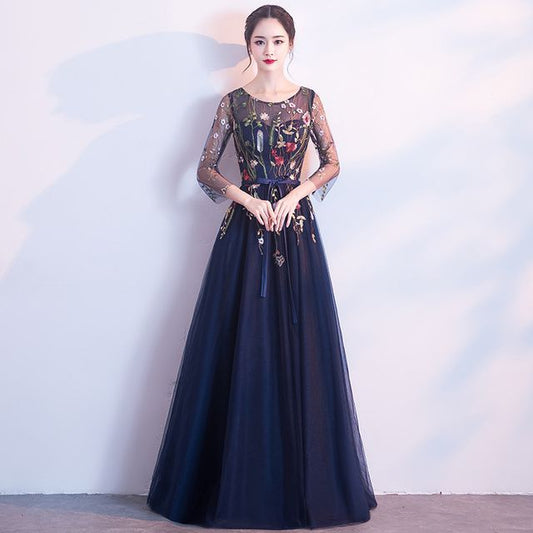 Evening 3/4-Sleeve Embroidered Floral A-Line Gown