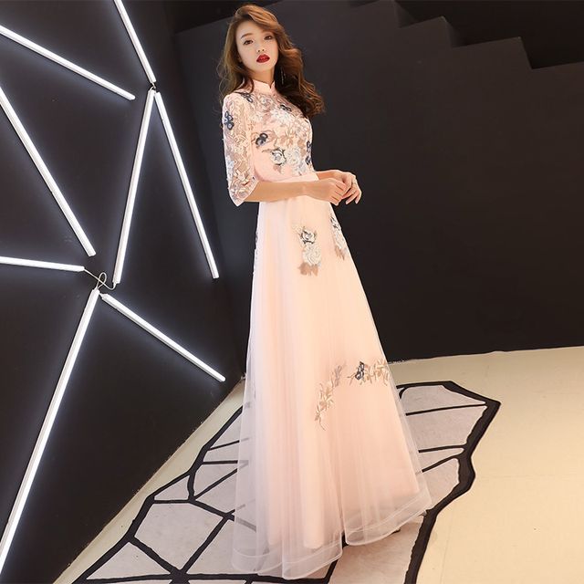 A-Line Cocktail / Evening Floral Gown Embroidered Elbow-Sleeve Dress