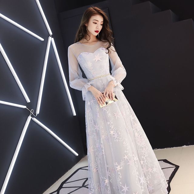 / Gown Embroidered Mesh Dress Evening A-Line Star Cocktail