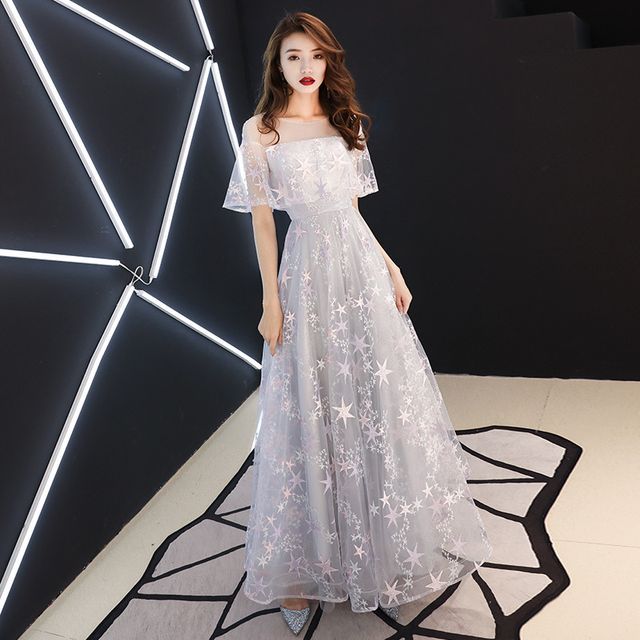 / Gown Embroidered Mesh Dress Evening A-Line Star Cocktail
