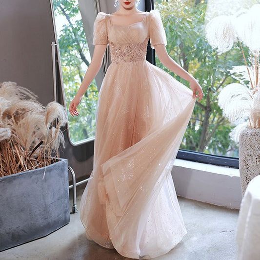 Designs) Evening Sequined (Various Puff-Sleeve Lace-Up A-Line Gown Back
