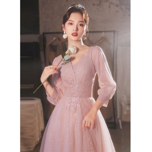 Gown (Various A-Line Designs) Floral Evening Embroidered Puff-Sleeve