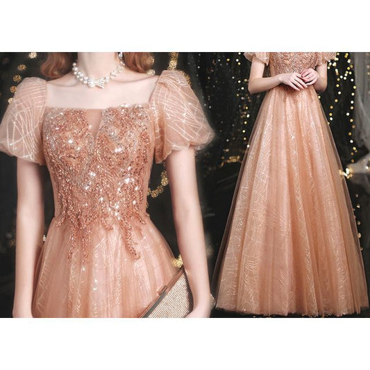 Gown Puff-Sleeve Evening A-Line Sequined