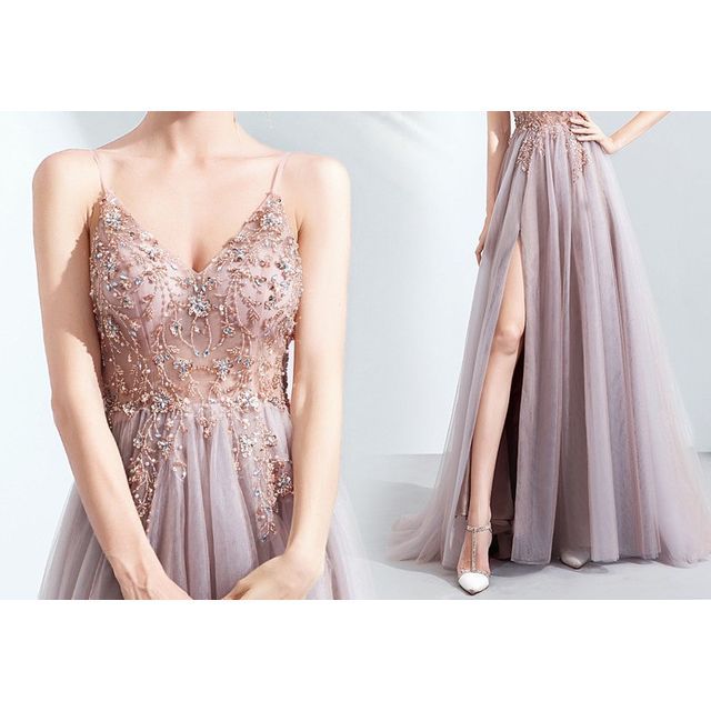 Embroidered Floral Evening Spaghetti A-Line Strap Gown