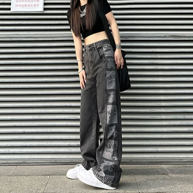 Print Waist Graphic Jeans High Baggy