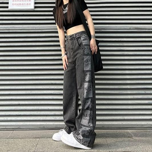 Print Waist Graphic Jeans High Baggy