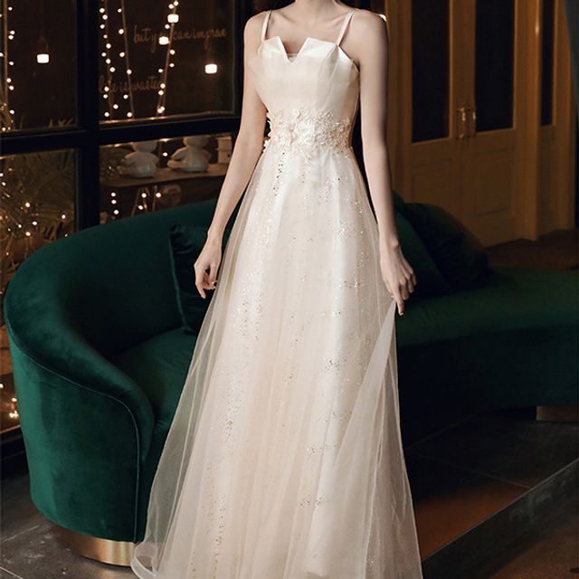 (Various Gown Mesh Evening Designs) A-Line Spaghetti-Strap