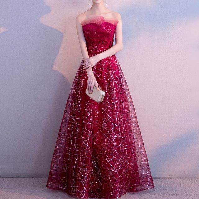 Gown Mesh Evening Glitter Maxi Strapless