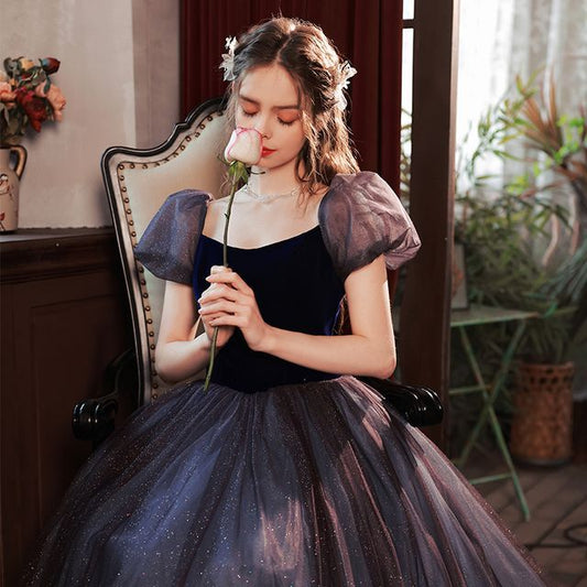 Mesh Gown Short-Sleeve Glitter Evening