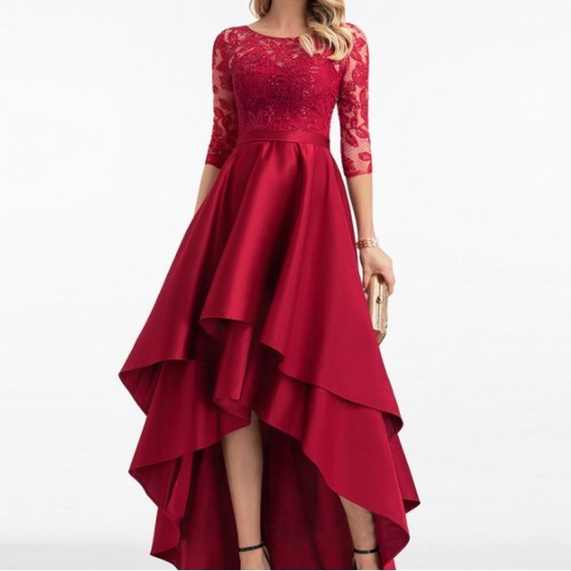 Panel Lace A-Line Asymmetrical Gown Elbow-Sleeve Evening